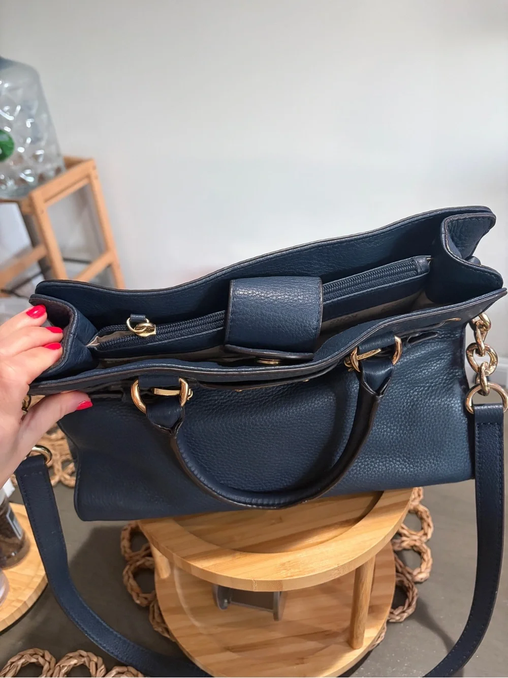 Michael Kors Dark Navy Pebbled Leather Satchel with Gold-Tone Hardware